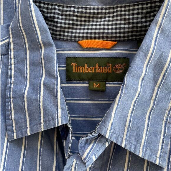 Timberland blue/white striped button down shirt with gingham accents inside sz M - Picture 6 of 6